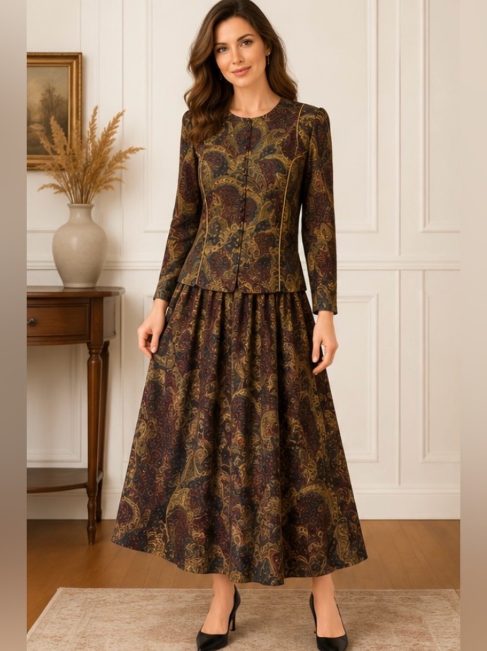 Vtg Karin Stevens Sz 16 (fit L)
Paisley Rayon Maxi Dress Long Sleeve Cottagecore